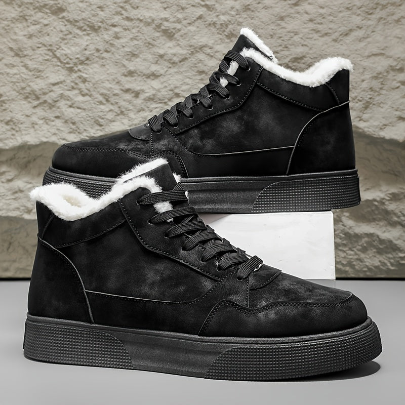 Men's Winter Warm Mid-Top Sneakers - Heavy-Duty Insulated Ankle Shoes with Thick Traction PVC Sole, Upper & Grey/White Beige Lining for Outdoor, Hiking, Skateboarding & Casual (Cold Weather) - Lace-Up Boots, Shoes For Men