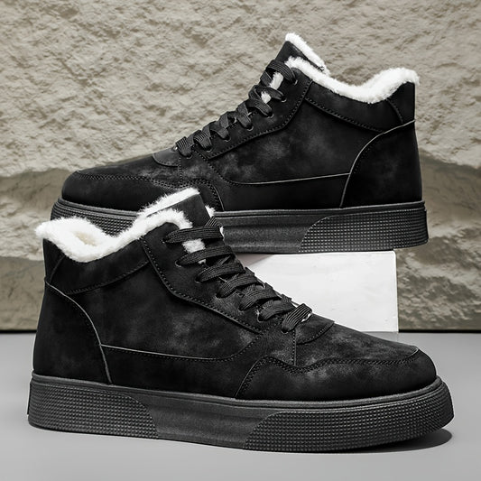 Men's Winter Warm Mid-Top Sneakers - Heavy-Duty Insulated Ankle Shoes with Thick Traction PVC Sole, Upper & Grey/White Beige Lining for Outdoor, Hiking, Skateboarding & Casual (Cold Weather) - Lace-Up Boots, Shoes For Men