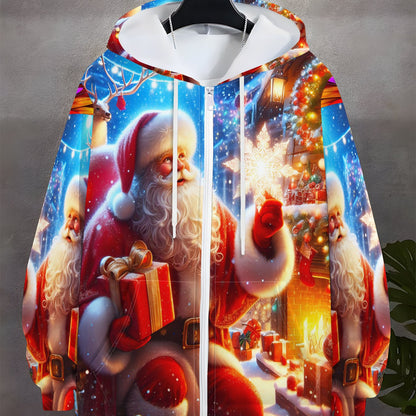 Men's Santa Print Hooded Sweatshirt - Full-Zip Full-Length Zipper Hoodie with Santa Claus & Reindeer/Christmas Tree Patterns, Machine Washable Casual Winter Gym Wear for Christmas Parties, Spring/Fall Outdoor Activities ( Siz