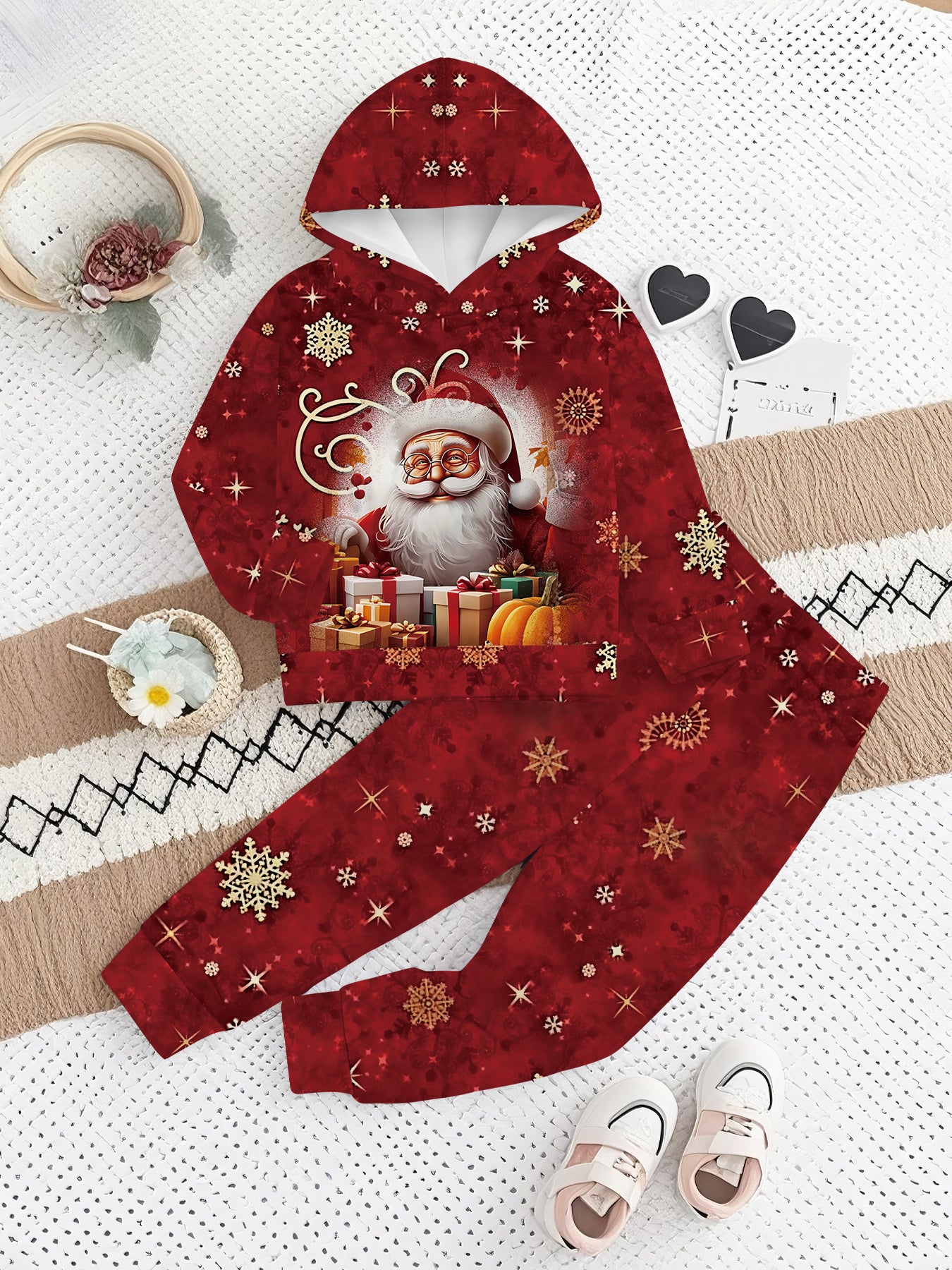 2pcs Girls' Santa Claus Face & 3D Print Hooded Sweatshirt & Pants Set - Red & Golden Christmas Outfit with Santa Hat & Reindeer Design, Casual Winter Clothes for Toddlers & Kids, Perfect Gift for Little Boys & Girls (Machine