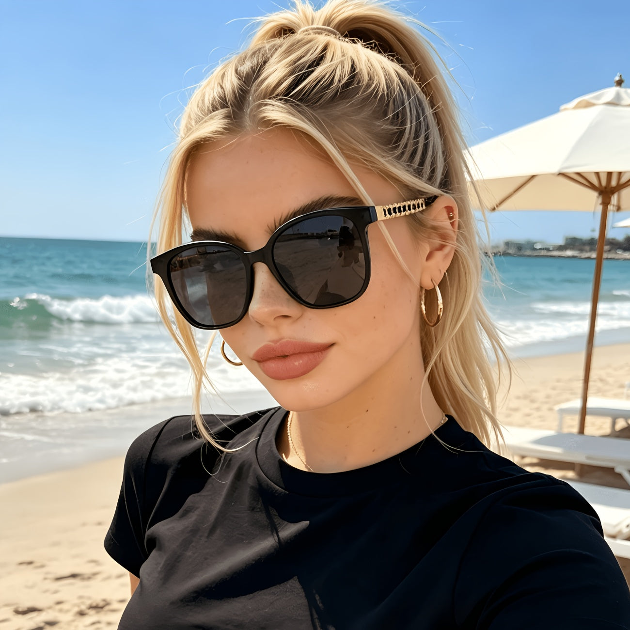Women's Large Black Frame Sunglasses with Gold Woven Temples