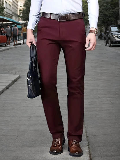 Men's Sleek Stretch Dress Pants - Solid Color Black, Comfort Fit with Subtle Stretch, Polyester Fabric, Mid-Rise, Machine Washable, Perfect for Business Casual & All-Season Wear, Business Casual Pants | Sleek Trousers | Easyc