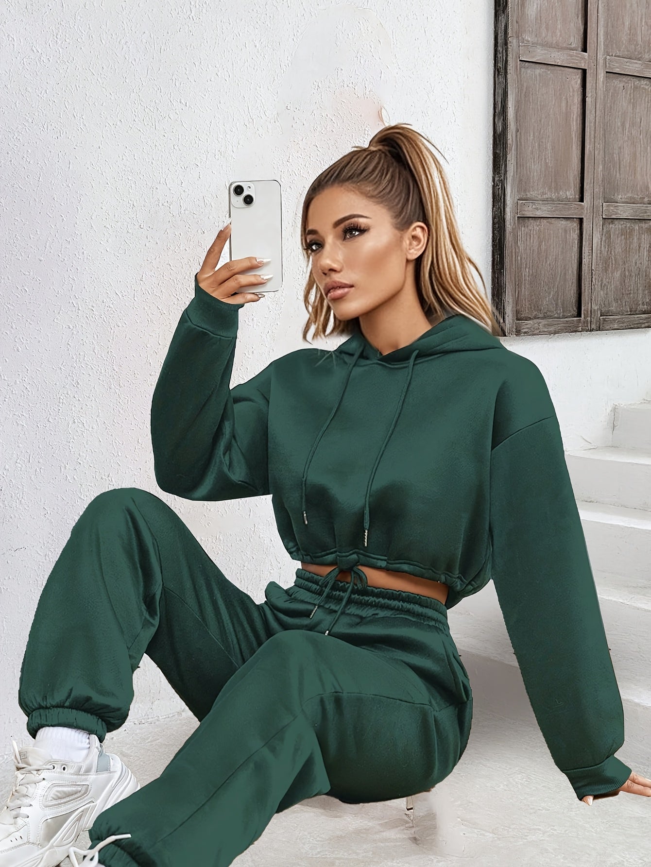 Casual Fall/Winter Polyester Hoodie Set with Drawstring