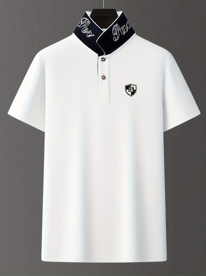 Men'S Fashion Short-Sleeve POLO Shirt | Contrast Rib-Knit Collar with 3D High-Frequency Print | Casual Style, Regular Fit, Summer Season - ayq