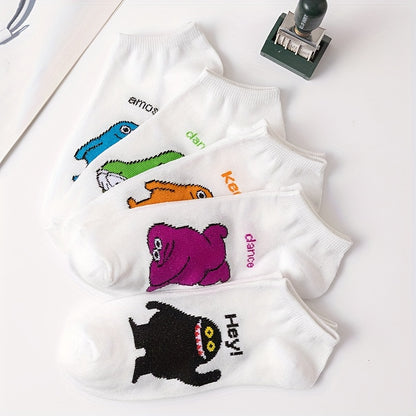 5pcs Cute Animal Cartoon No-Show Socks for Women - Soft Polyester Blend, Playful "HEY! DANCE!" "KEEP!" "EMOTIONS!" Designs, Machine Washable, Elegant Style, Funny Socks