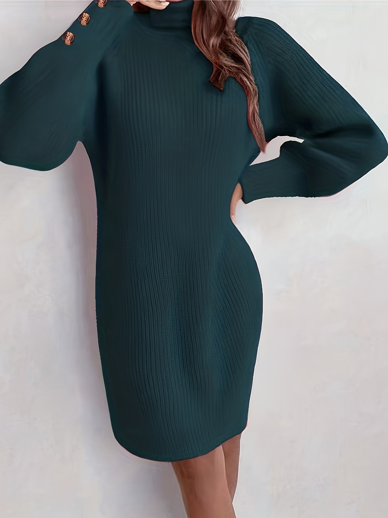 Women's Dark Green (Navy/Turquoise-Free) Sweater Dress - High Neck Collar & Single-Breasted Button Front, A-Line Silhouette Long Sleeve Coat Dress for Winter,, Office, Semi-Formal Wear (Hand Washable)