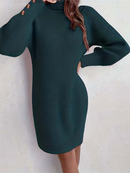 Women's Dark Green (Navy/Turquoise-Free) Sweater Dress - High Neck Collar & Single-Breasted Button Front, A-Line Silhouette Long Sleeve Coat Dress for Winter,, Office, Semi-Formal Wear (Hand Washable)