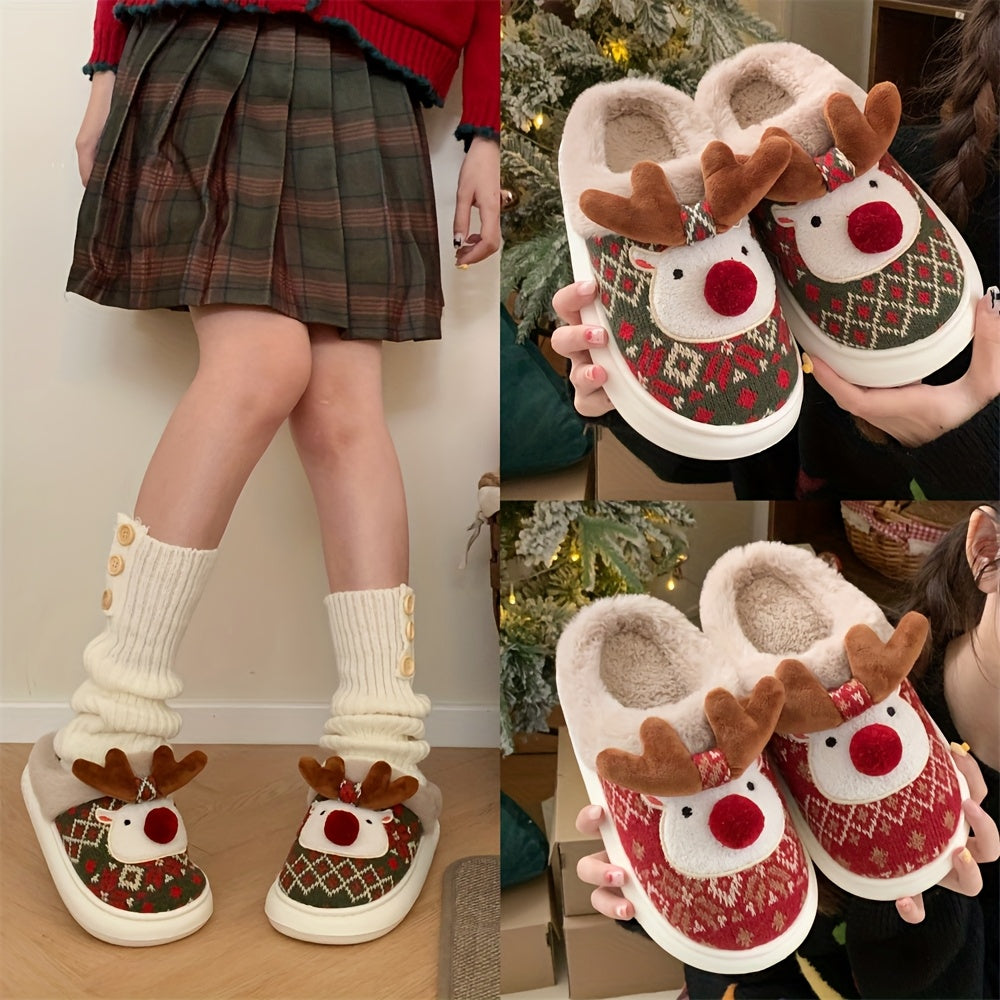 XIXITIAO Women's /Korean Style Winter Slippers - Deer & Reindeer Pattern Cozy Warm Booties, Soft Fabric & Sole for Indoor/Outdoor Use, Cute Animal Shoe for Christmas, Hand Washable