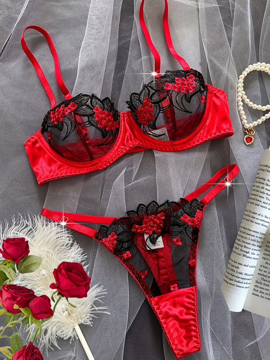 Women'S Floral Embroidery Mesh Bra and Panty Set, Sexy See-Through Lingerie, Medium Support Knit Fabric, Polyester 95% Elastane 5%, Party Style, Adult Romantic Underwear for Dating & Parties