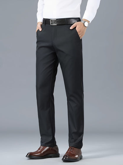 Men's Classic Business Casual Pants - Polyester, Solid Color, Regular Fit for All Seasons