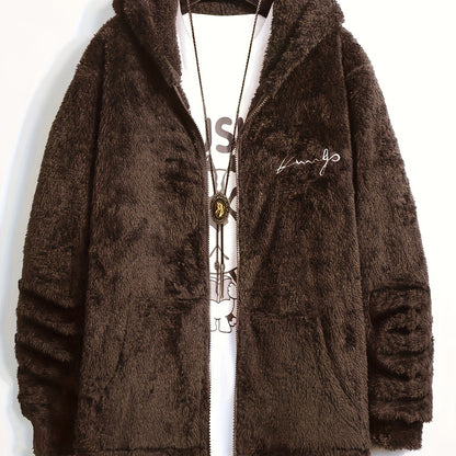 Casual Style] Men's "RELAX" Fleece Hoodie Jacket - Casual Dual-Sided Brown Teddy Coat with Zipper Closure, Long Sleeves for Fall/Winter, Casual Outerwear|Stylish Casualwear|Crafted Embroidery