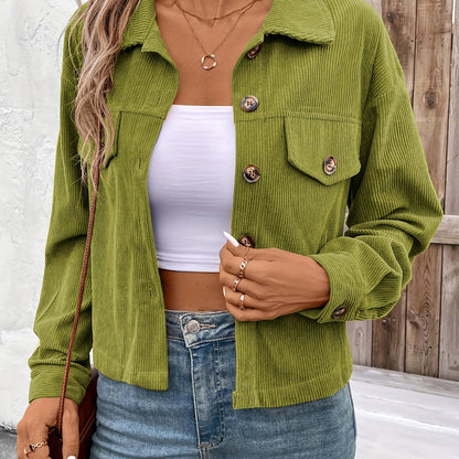 Կանացի էլեգանտ վարդագույն կոճակներով բաճկոն՝ փեղկավոր գրպաններով - Աշնանային առօրյա վերնազգեստ, երկար թևքերով, կոճակներով դետալներով, պոլիեսթերի խառնուրդով, լվացվող լվացքի մեքենայով, առօրյա վերնազգեստ | Կոճակներով բաճկոն | Պոլիեսթերի խառնուրդով բաճկոն