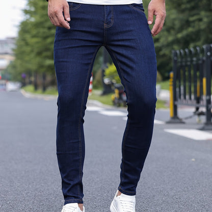 Slim Fit Chic Jeans, Men's Casual Street Style All Match Stretch Denim Pants With Pockets