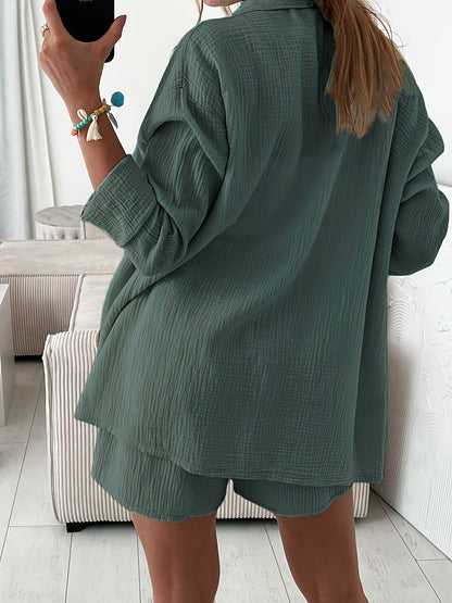 Women's Cotton Cardigan & Shorts Set Casual Long Sleeve