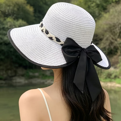 Women’s Lightweight Papyrus Sun Hat with Black Bow - Summer Beach