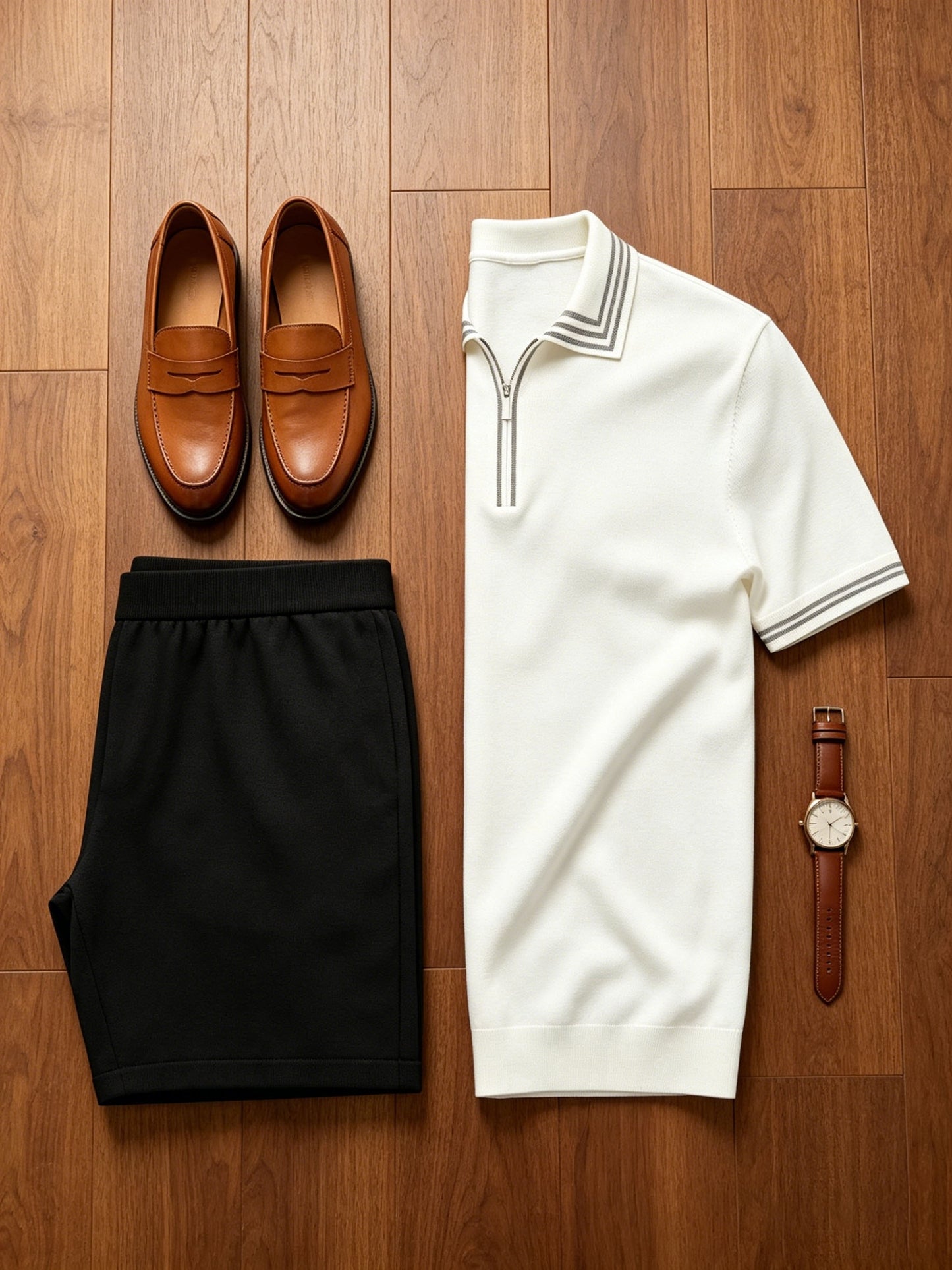 Men's Casual Striped Knit Polo & Lightweight Shorts Set