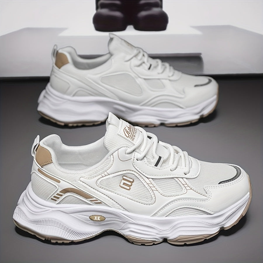 Men'S 2025 New Fashionable Low-Top Sneakers with Thick Sole - Non-Slip, Outdoor Casual Shoes for Teenagers and Young Adults, White and Golden Accents, All-Season Comfort, Casual Footwear   Modern Sneaker Design   Rubber Base