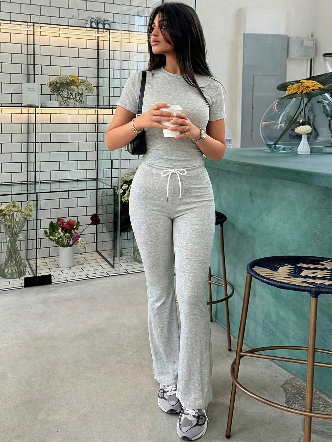 Women's Spring Summer Cropped Short Sleeve Top & Flared Pants Set
