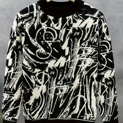 Temujin OBM Men's Fashion Trendy New Jacquard Semi-High Neck Knit Long Sleeve Pullover Sweater