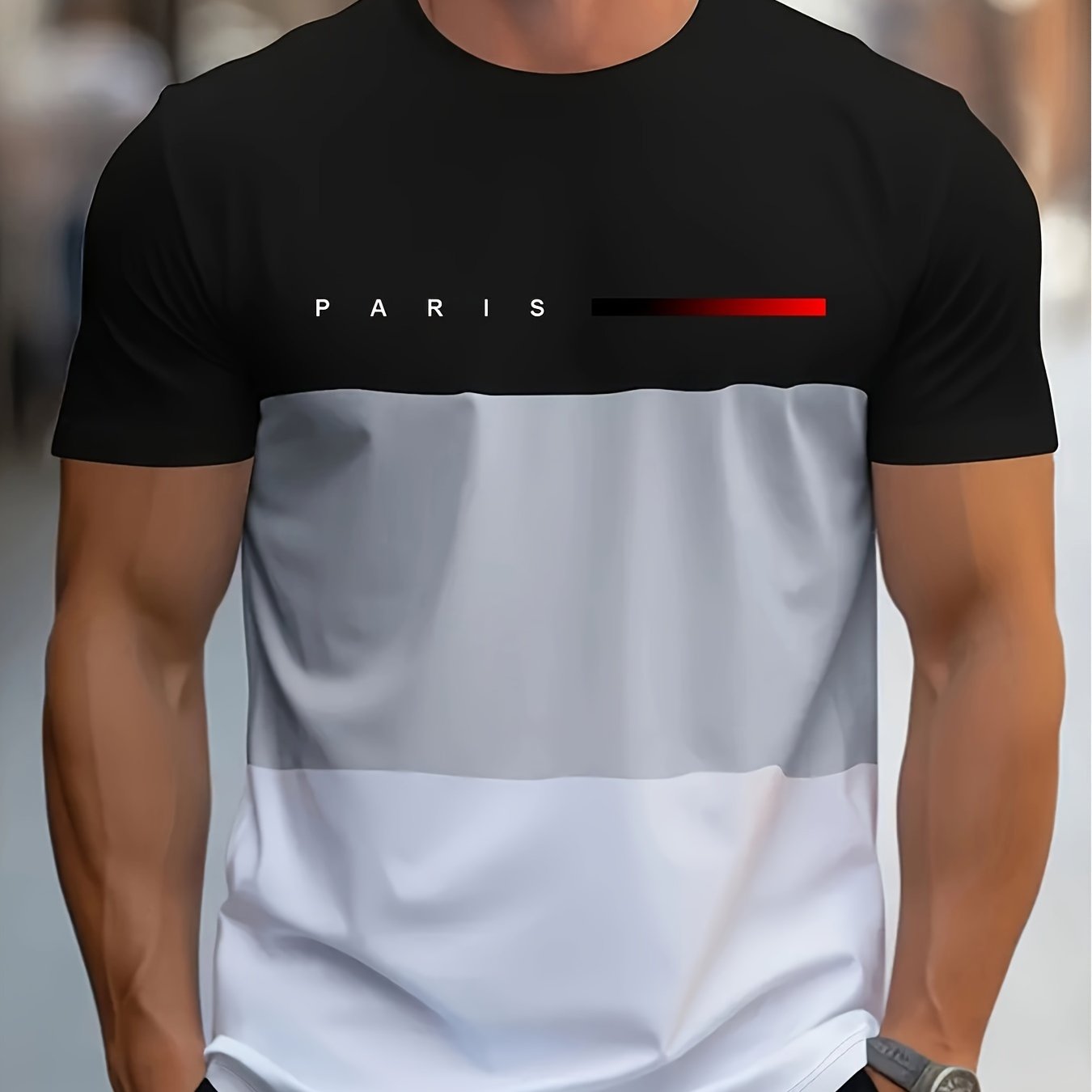 Men's Casual Crew Neck T-Shirt with Paris Print, Short Sleeve Knit Polyester Blend Top for Spring/Summer Outdoor Activities, Tee Shirts