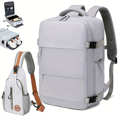 Airline-Approved 38.1cm Laptop Travel Backpack for Women, Light Blue Polyester with Adjustable Straps, Shoe Compartment & USB Charging Port - Ideal for School & Work Trips, Laptop Bag