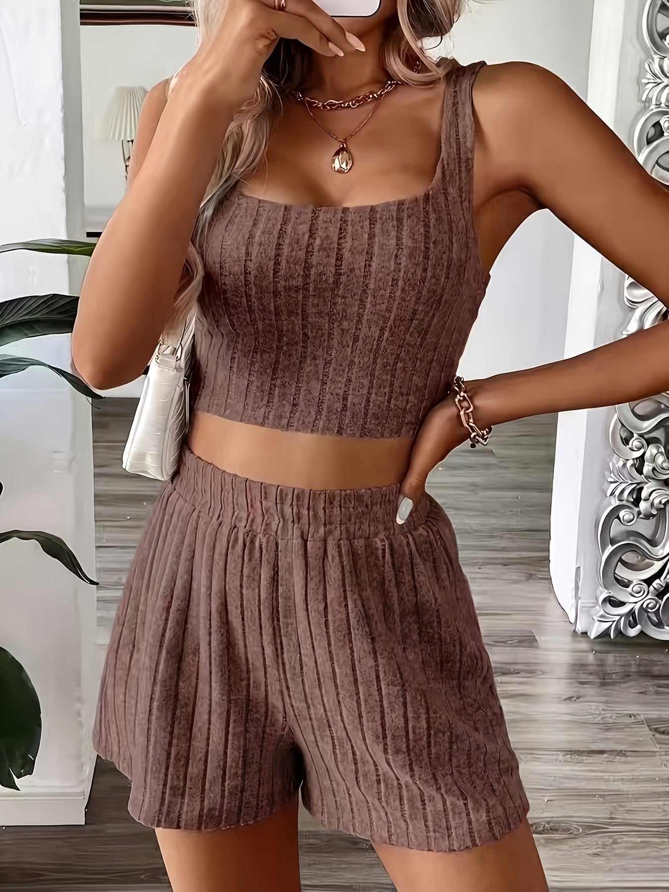 Women's Casual Summer Tank Top and Shorts Set, Polyester Blend