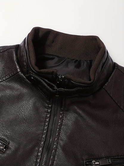 Men's Stylish Burgundy Jacket - Fall/Winter Trendy Stand Collar Biker Jacket with Multiple Zippered Pockets, Casual Design for Casual Attire, Fall Jacket | Modern Casual Jacket | Glossy Finish Jacket - ayq