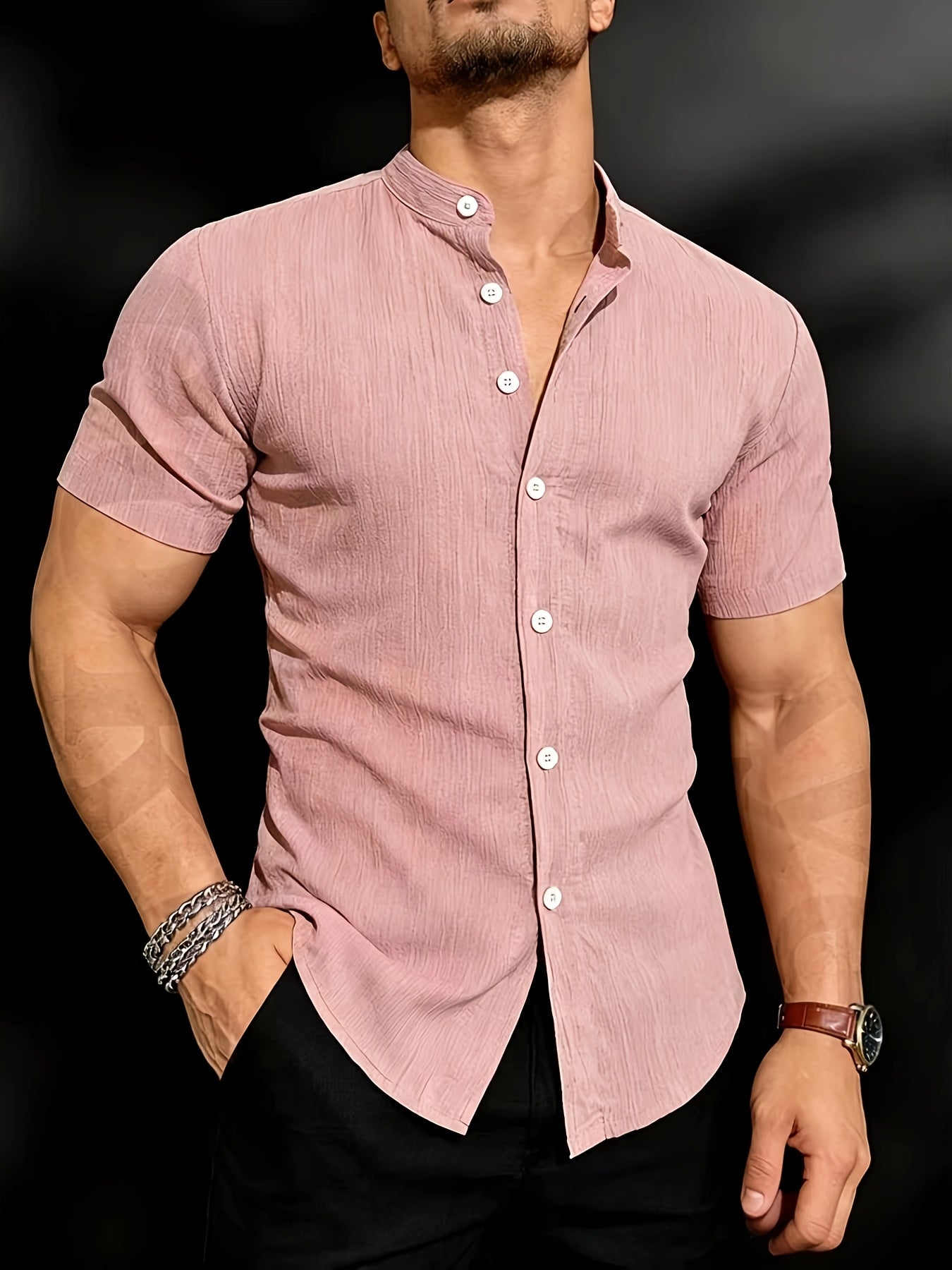 Men's Black Textured Stand Collar Short Sleeve Shirt