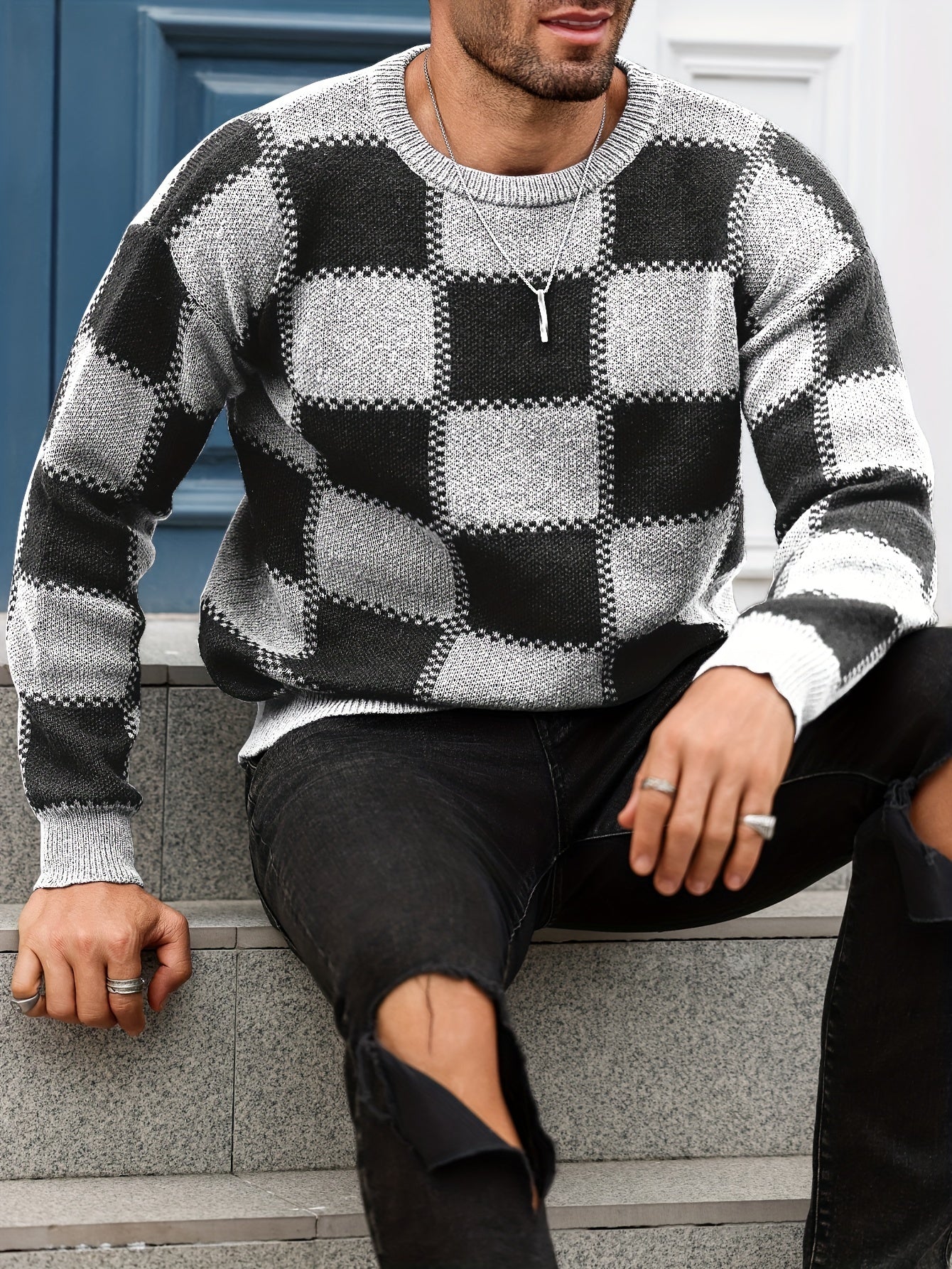 Men's Color Blocking Textured Checked Print Casual Trendy Sweater, Long Sleeve Pullover As Gift For Fall And Winter
