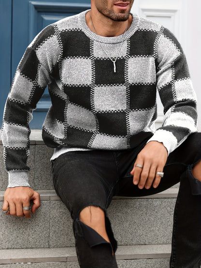 Men's Color Blocking Textured Checked Print Casual Trendy Sweater, Long Sleeve Pullover As Gift For Fall And Winter