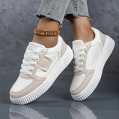 Casual White Lace-Up Sneakers for Students, Lightweight & Breathable