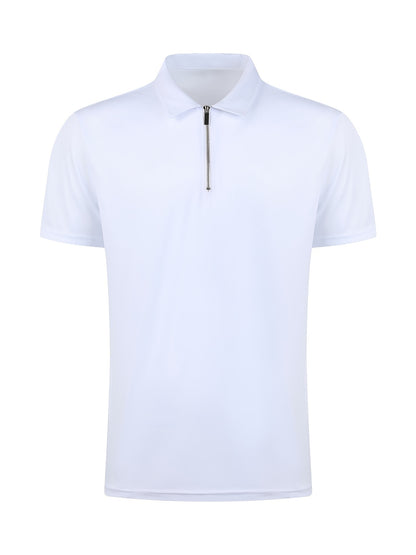 [Golf Apparel] Men's Classic White Shirt - Casual Summer Style with Short Sleeves, Zipper Collar, and Stretch Polyester Fabric - Perfect for Streetwear & Golf
