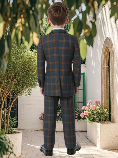 Boys' Plaid Two-Piece Suit Regular Fit Business Casual