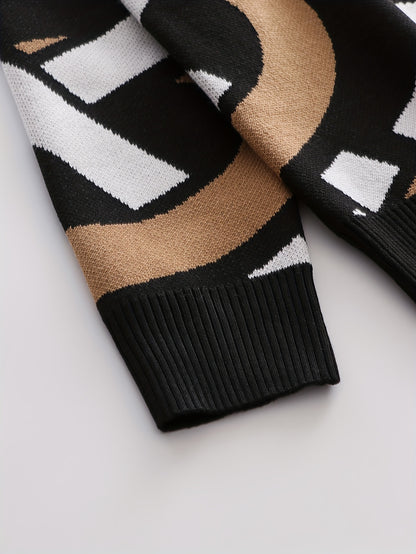 Temujin OBM Men's Fashion New Jacquard Color-Block Knit Long Sleeve Pullover Sweater