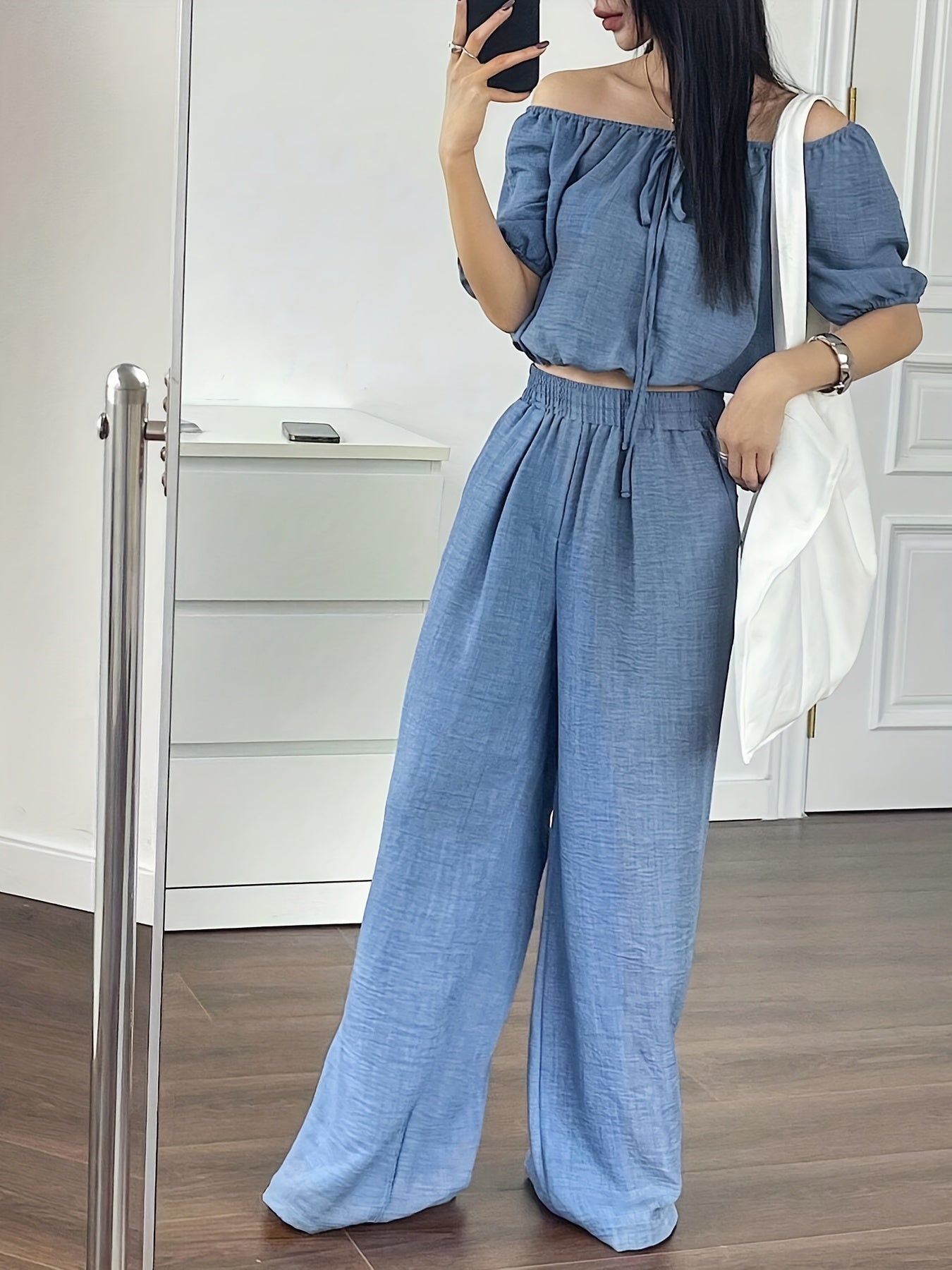 Women's Summer Solid Color Off-Shoulder Puff Sleeve Crop Top and Loose Wide-Leg Pants Two-Piece Set - ayq
