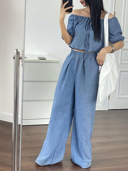 Women's Summer Solid Color Off-Shoulder Puff Sleeve Crop Top and Loose Wide-Leg Pants Two-Piece Set - ayq