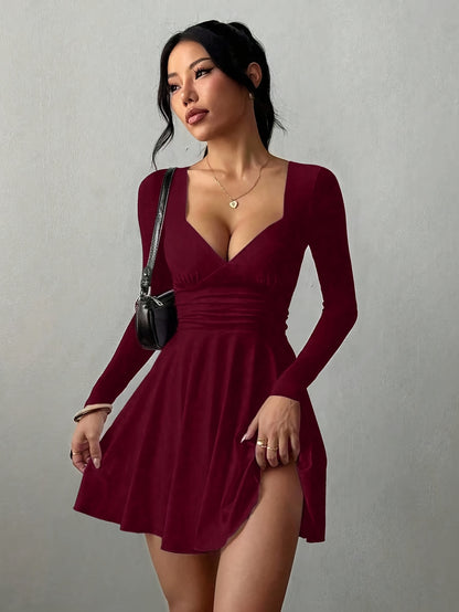 Women’s V-Neck Mini Dress with Waist Ruching and Long Sleeves