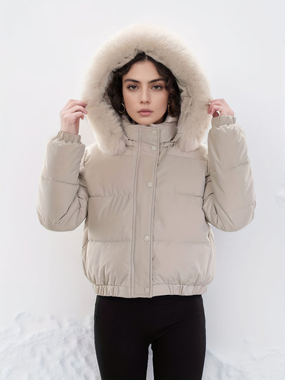 Women'S Winter Coat with Removable Faux Fur Hood - Thickened Loose Fit Long Sleeve Jacket, Zippered Pockets & Button Front, Casual Solid Color Outerwear for Cold Weather, Cozy Warmth, Buttoned Closure, Durable Fabric