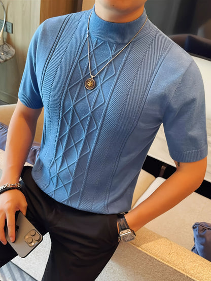 Men's New Solid Color Rhombus Fashion Semi-High Neck Knit Sweater, Spring/Summer Casual Short Sleeve Knit Top - ayq