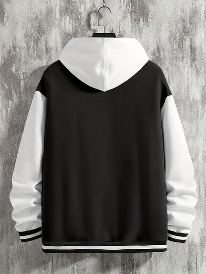 Men'S Baseball Jacket with Letter B Lettering - Navy & Golden Accent Casual Streetwear, Button-Front Closure, Regular Fit Fall/Winter Outerwear, Baseball Jacket