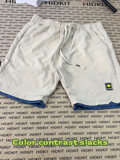 Men's Solid Shorts With Pockets, Casual Elastic Waist Fake Two-piece Drawstring Shorts For Summer