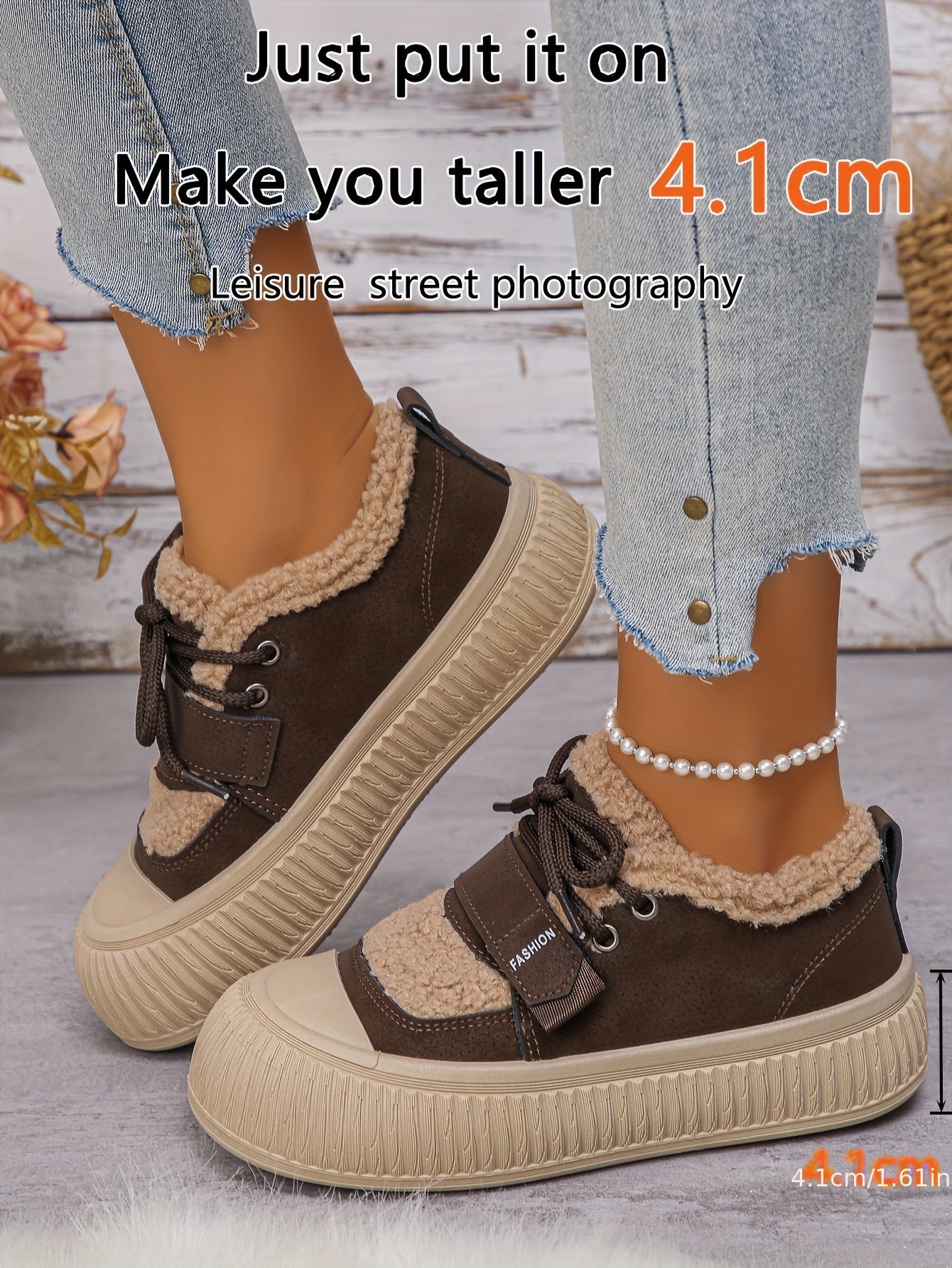 Women's Winter Plush Fleece-Lined Thermal Shoes - Upper & Rubber Sole Low-Top Ankle Boots with Faux Fur Collar, Brown/Beige/ Traction Tread for Cold Weather, Casual & Semi-Formal Outfits - Cozy Warm Winter Boots with Fleece L