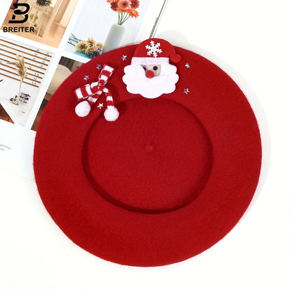 1pc Women'S 100% Wool Christmas Beret Hat with Santa Hat & Snowflake Bow - Lightweight Warm Winter Cap for Holiday Parties, Christmas Gifts, Durable Headgear, Festive Headwear, Party Headwear, New Year'S Eve - Hand Washable (