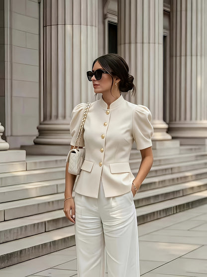 Elegant Women's Solid Color Puff Sleeve Short Jacket - ayq