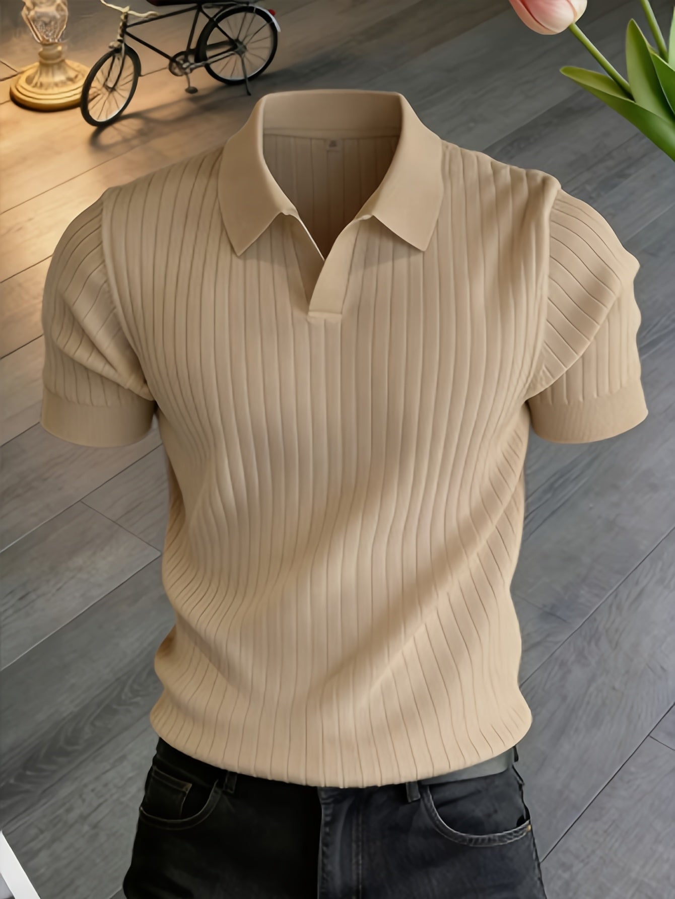 Men's Slim Fit Vertical Rib Knit Polo Shirt for Spring Summer