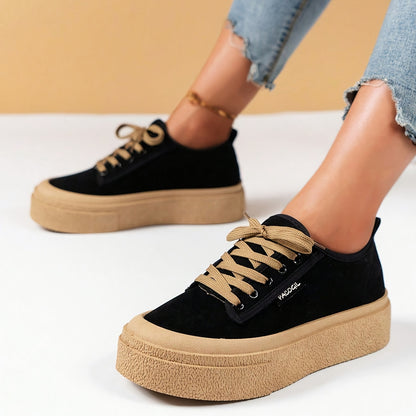 1 Pair Women's Fashion Sneakers - Solid Color Low Top Lace-Up Casual Shoes with Round Toe, Comfortable Fabric Upper & Inner, Durable PVC Sole, All-Season Sports Style