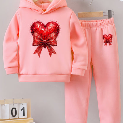 Girls' Autumn and Winter Thickened Hoodie Sports Two-Piece Set, Red Heart Bow Print Hoodie + Pants Outfit, Soft Light Beige-Friendly Fabric, Comfortable Warm Non-Shedding, Suitable for Outdoor Play, School, Holiday Gatherings