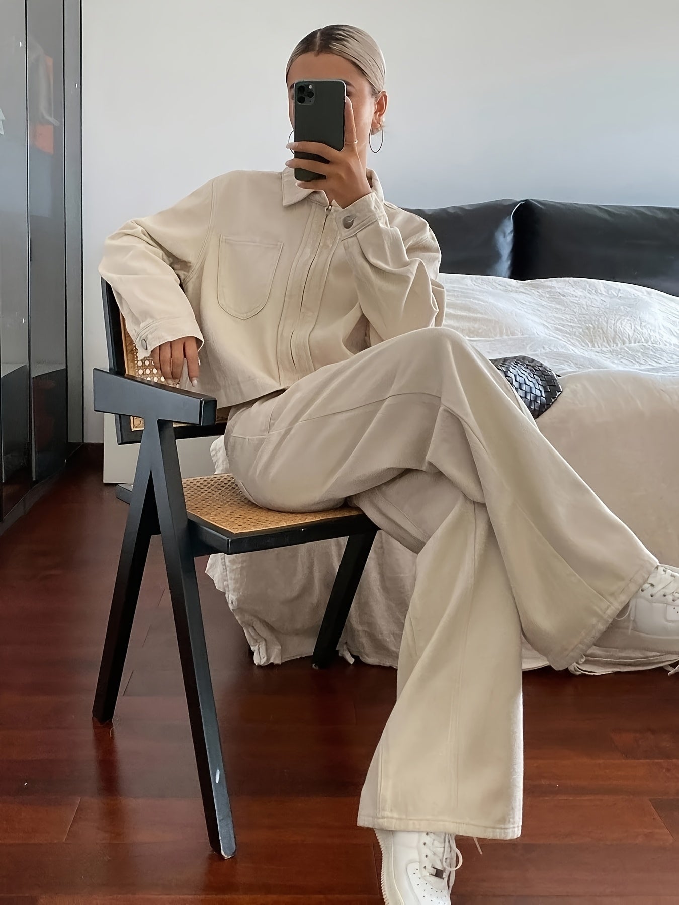 Vintage Apricot Cotton Lapel Jacket & High-Waist Pants Set