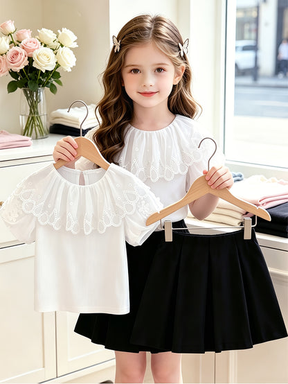 Girls' Summer Skirt Set with Lace Collar & Pleated Skirt