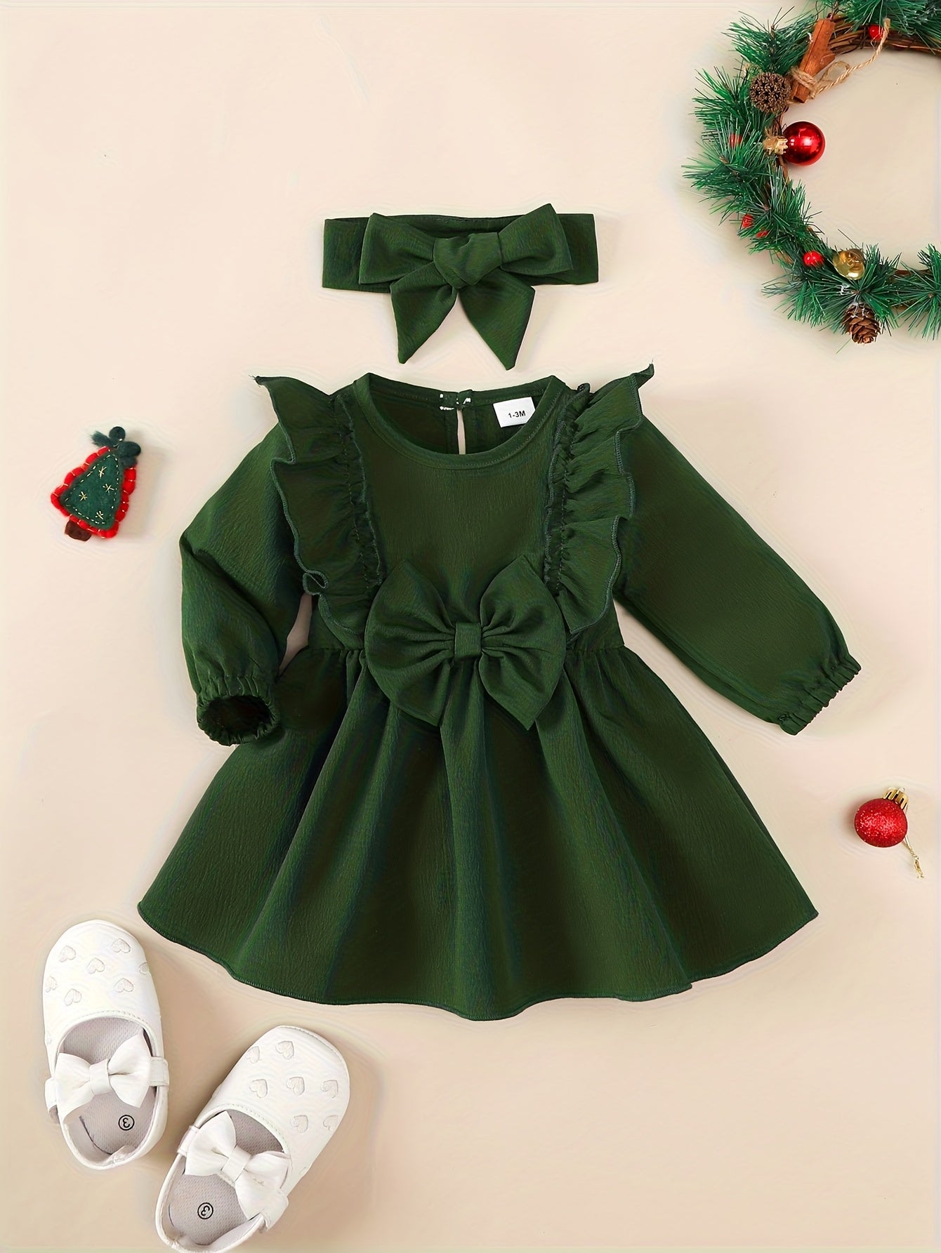 1-18 ամսական աղջիկների կարմիր զգեստ | Սուրբ Ծնունդ, Նոր Տարի, Տոնական և տոնական զգեստ գլխակապով, արքայադստեր ոճով, աշուն-ձմեռ հավաքածու, կլոր վզնոցով, երկար թևքերով, մինչև ծնկները, լայնացված եզրով